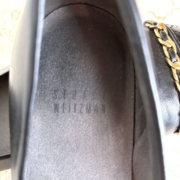 Stuart Weitzman Shoes 6.5 Black Leather Ballet Flats GOLD CHAIN Accent Quilted - Picture 8 of 10